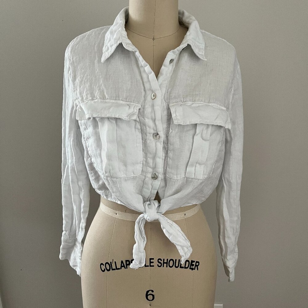 Zara Women's White Long Sleeve Tie-Front Crop Linen Pockets Shirt Size Medium